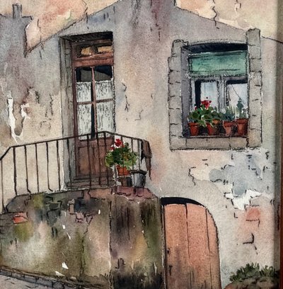 Watercolor on paper depicting the entrance to a house from the early 20th century