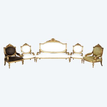 Napoleon III period Louis XVI style gilded wood living room sofa and 4 armchairs