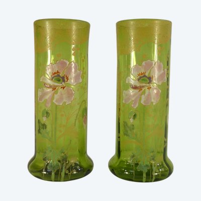 Coppia di vasi LEGRAS in vetro smaltato del periodo ART NOUVEAU, decorati con anemoni