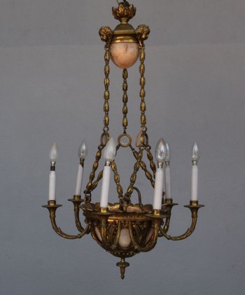 Gilded Bronze Chandelier, Cut Crystal and Alabaster Cups By Lelièvre Fonte Susse