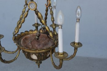 Gilded Bronze Chandelier, Cut Crystal and Alabaster Cups By Lelièvre Fonte Susse
