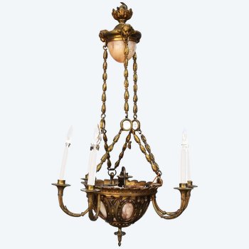 Lustre En Bronze Doré, Cristal Taillé Et Coupes En Albâtre Par Lelièvre Fonte Susse