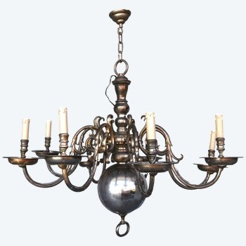 Lampadario olandese e 2 coppie di applique abbinate in bronzo argentato