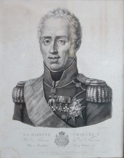 Royalist engraving - portrait of Charles X, King of France and Navarre, giltwood frame, 1820