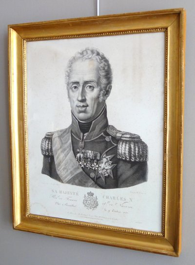 Royalist engraving - portrait of Charles X, King of France and Navarre, giltwood frame, 1820