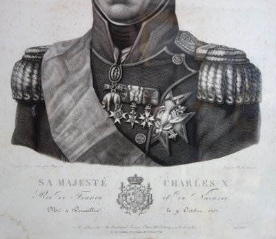 Royalist engraving - portrait of Charles X, King of France and Navarre, giltwood frame, 1820
