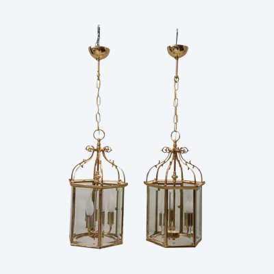 Paire de lanternes vintage en métal doré et verre