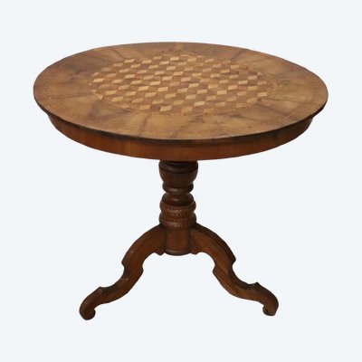 Antique Round Table in Inlaid Walnut, Italy Mid 19th century