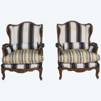 Pair Of Armchairs Bergère à Oreille Style Louis XV In Walnut