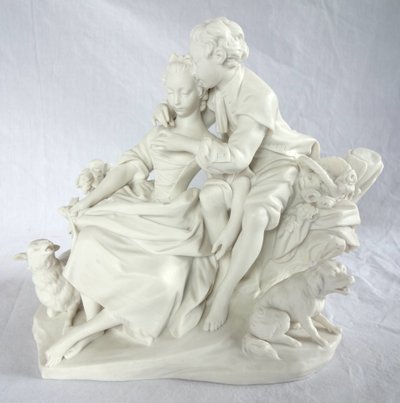 Sèvres : scène galante du XVIIIe siècle - la leçon de flûte, groupe en biscuit - signé