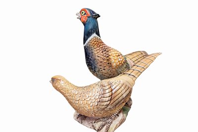 Couple de faisans en céramique polychrome – Belgique, attribué à Boch La Louvière