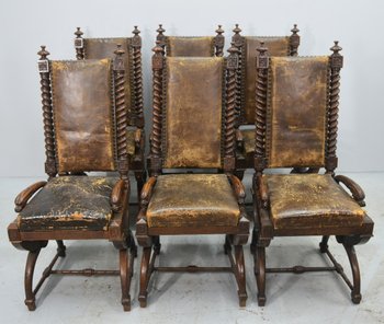 Rare Series Of 6 Walnut Armchairs Of Renaissance Style XIXth