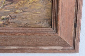 Pair of Oil on Canvas The Low Court With Chickens Signed Cortes Fils