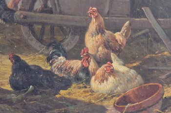 Pair of Oil on Canvas The Low Court With Chickens Signed Cortes Fils