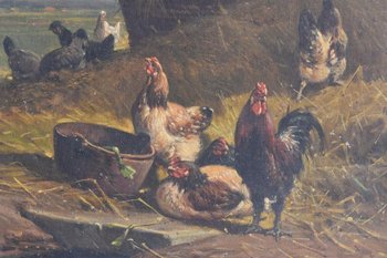 Pair of Oil on Canvas The Low Court With Chickens Signed Cortes Fils
