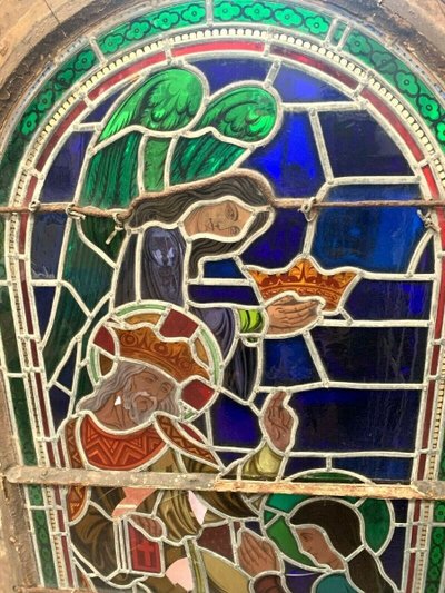 Stained glass panel depicting a 19th-century coronation