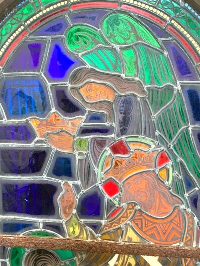 Stained glass panel depicting a 19th-century coronation