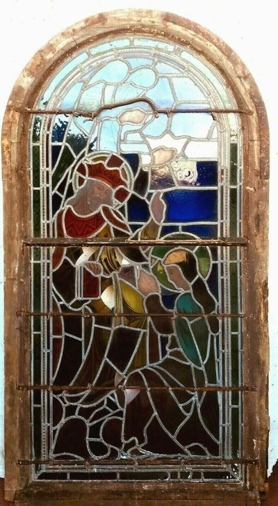 Stained glass panel depicting a 19th-century coronation