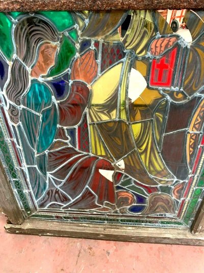 Stained glass panel depicting a 19th-century coronation