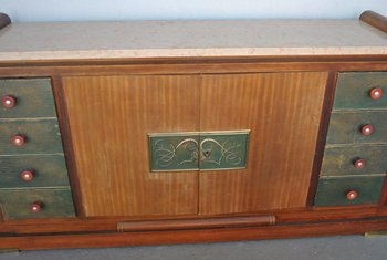 Truhe Art Deco Palisander Travertin Platte Eglomisé Glas