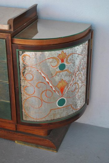 Truhe Art Deco Palisander Travertin Platte Eglomisé Glas