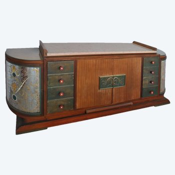 Truhe Art Deco Palisander Travertin Platte Eglomisé Glas