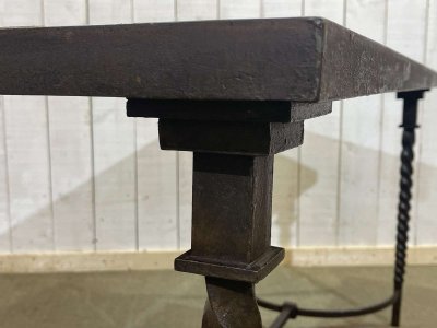 Wrought iron console table with a tiled earthenware top decorated with a seabed scene