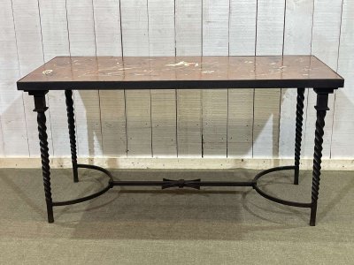 Wrought iron console table with a tiled earthenware top decorated with a seabed scene