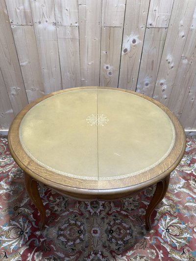 Louis XV style round oak and leather dining room table