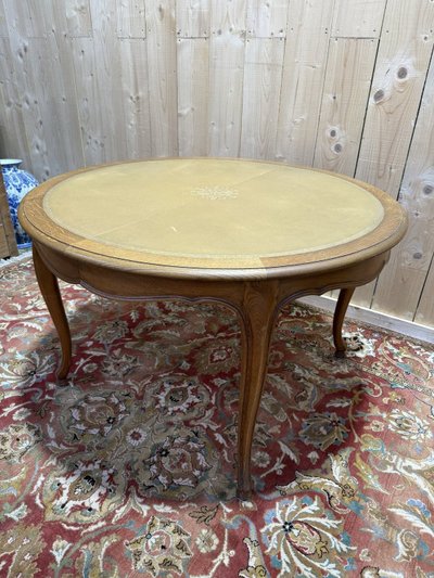 Louis XV style round oak and leather dining room table