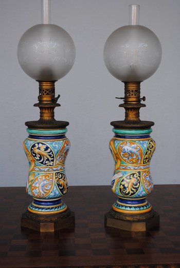 Pair Of Oil Lamps 1880 Italian Majolica