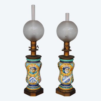 Pair Of Oil Lamps 1880 Italian Majolica