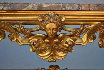 Grande Console Rocaille Bois Doré Marbre Romain XVIIème