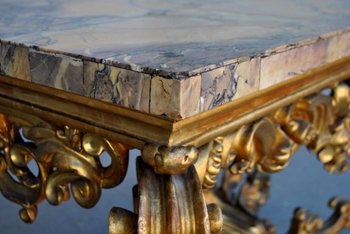 Grande Console Rocaille Bois Doré Marbre Romain XVIIème