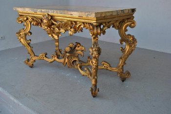 Grande Console Rocaille Bois Doré Marbre Romain XVIIème