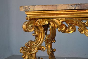 Grande Console Rocaille Bois Doré Marbre Romain XVIIème