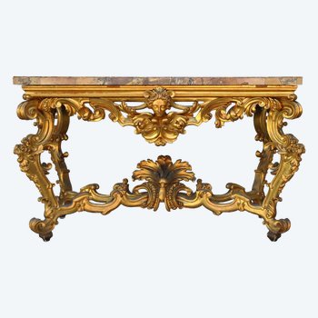 Grande Console Rocaille Bois Doré Marbre Romain XVIIème