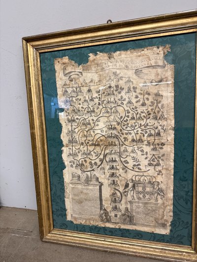 Antique canvas engraving, Family tree of the King of Portugal, 16th century, 92x72cm.