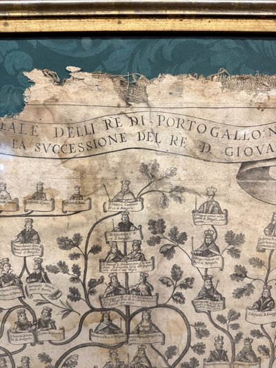 Antique canvas engraving, Family tree of the King of Portugal, 16th century, 92x72cm.