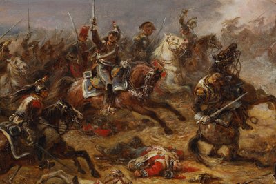 Tableau charge des cuirassiers francais à Watreloo signé Eugène Charpentier