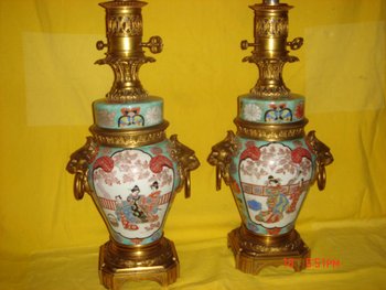 Paar China Lampen Montiert Bronze