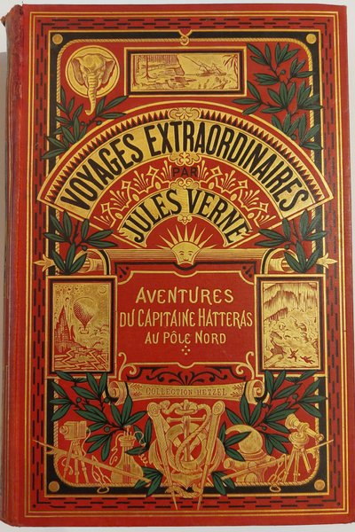 Jules Verne: 2 Bücher in Perkalineinband des Verlags, eines mit einem Elefanten und das andere mit einem Leuchtturm auf der Rückseite