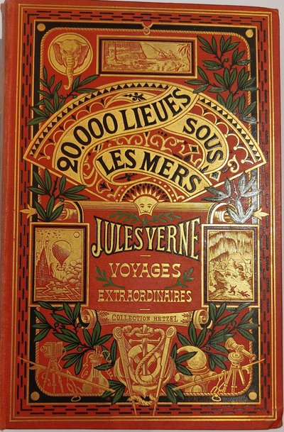 Jules Verne: 2 Bücher in Perkalineinband des Verlags, eines mit einem Elefanten und das andere mit einem Leuchtturm auf der Rückseite