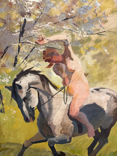Antique oil painting on canvas "Nude Woman on Horseback" Rome 1921, 140x89cm