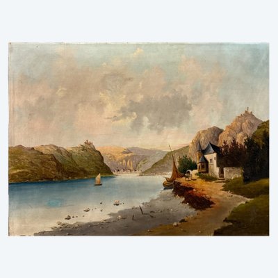 Huile sur toile ancienne représentant un lac nordique, XIXe siècle, 78 x 49 cm