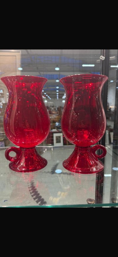 Pair of mid-century Murano vases, ruby red with candelabra, 24x12cm