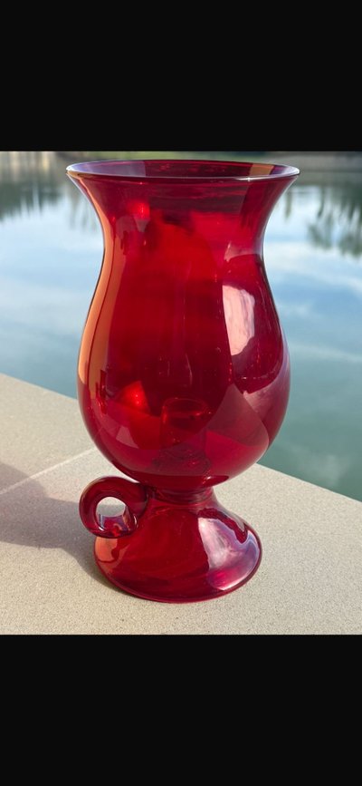 Pair of mid-century Murano vases, ruby red with candelabra, 24x12cm
