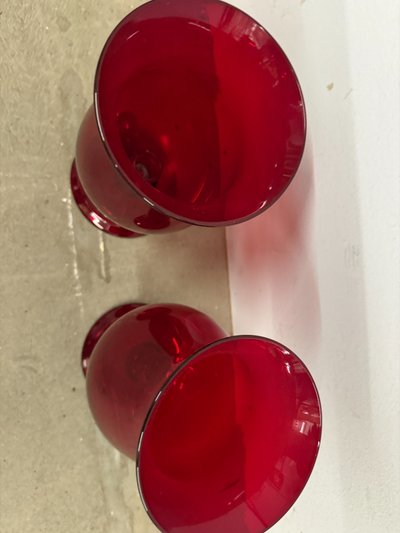 Pair of mid-century Murano vases, ruby red with candelabra, 24x12cm