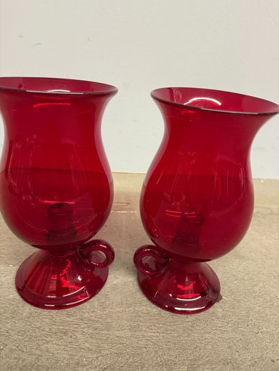 Pair of mid-century Murano vases, ruby red with candelabra, 24x12cm