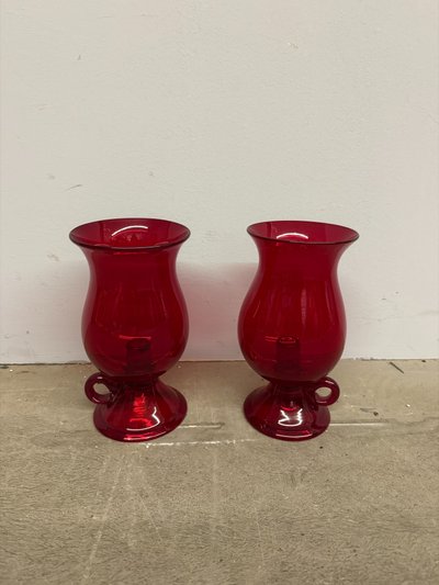 Pair of mid-century Murano vases, ruby red with candelabra, 24x12cm